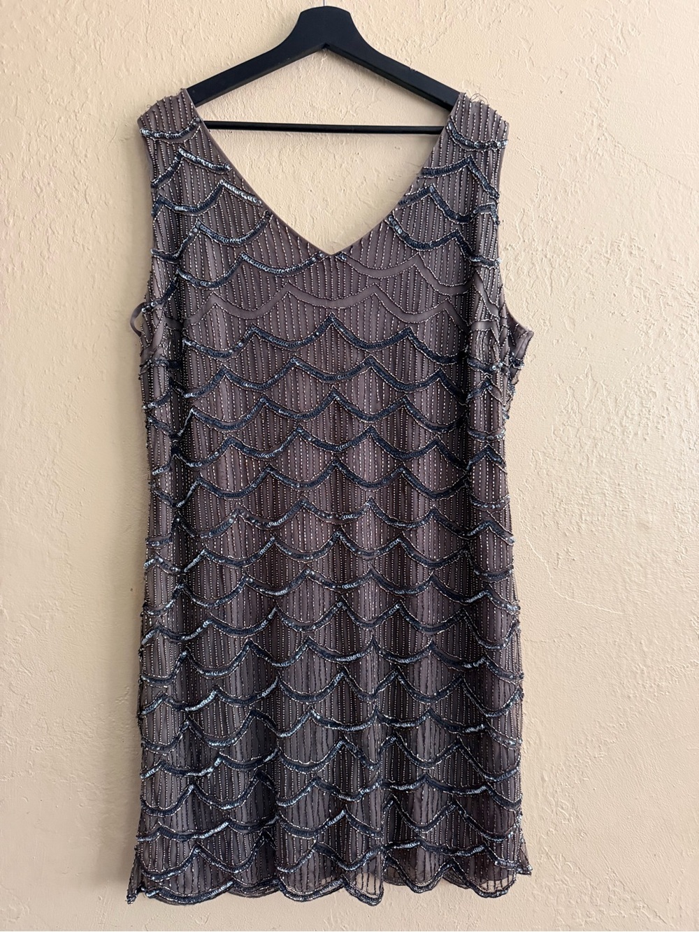 Vintage Pisarro Nights Taupe Beaded Scallop-Pattern Mini Dress